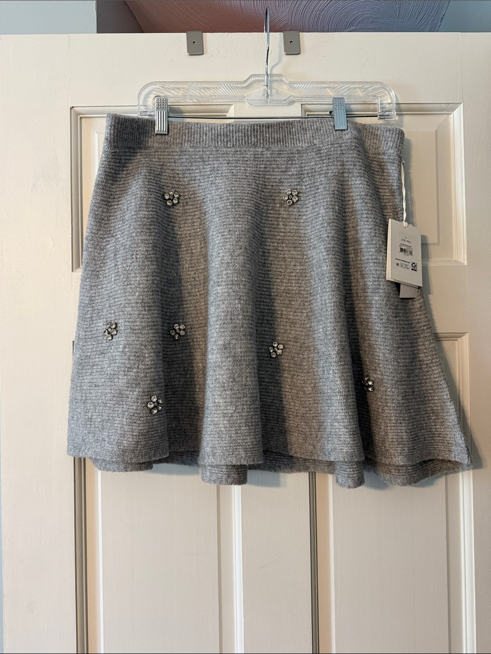 Gray Embellished Knit Skater Skirt by